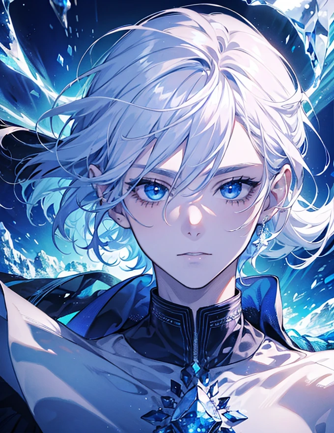 Man surrounded by crystal ice, Silver hair and crystal blue eyes, with a diamond on his forehead. Have a ice and nature power.