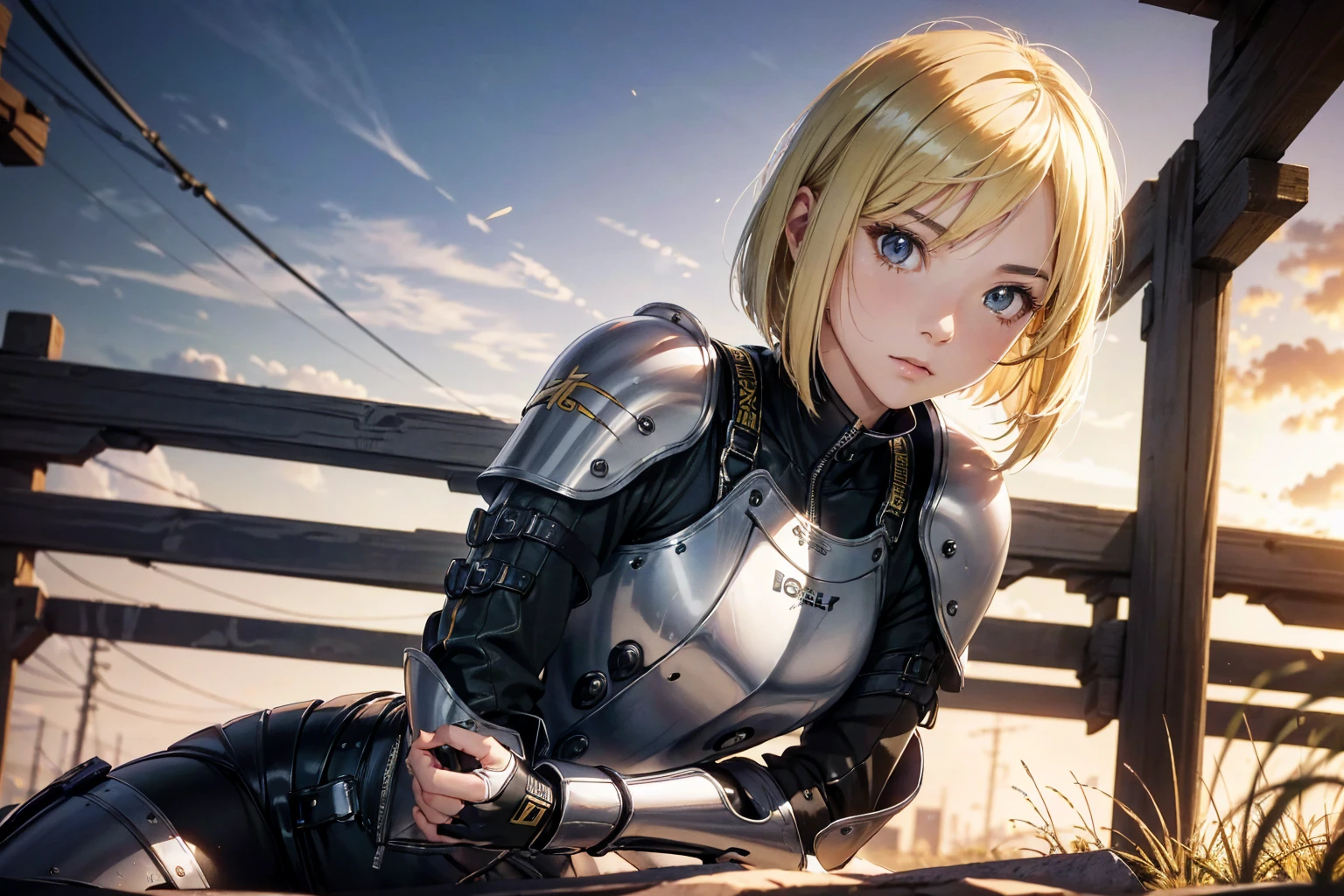 (best quality,4K,8k,high resolution,masterpiece:1.2),Ultra-detailed,(realistic,photorealistic,photo-realistic:1.37), Japanese female fighter with slim physique and small face, cute, 1 girl, 18 years old, Kneeling pose, BLONDE LONG BOB CUT hair, shiny black tight-fitting combat suit with enamel finish, tight suit, gloves, Steel city background, night lighting