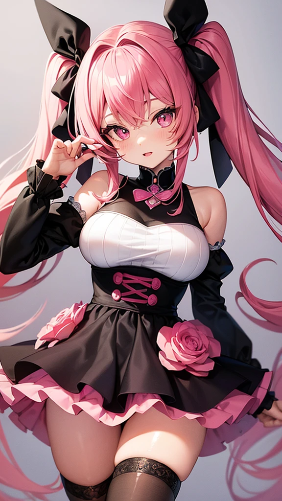 (Highest quality,Super detailed,1 girl),black tights,Pink Hair,Height: 160cm,cute,Pink Eyes,Twin tails,Big Breasts,I'm wearing a uniform,The eyes are shining white,Smiling and looking at me from a close distance,Has bright white eyes,