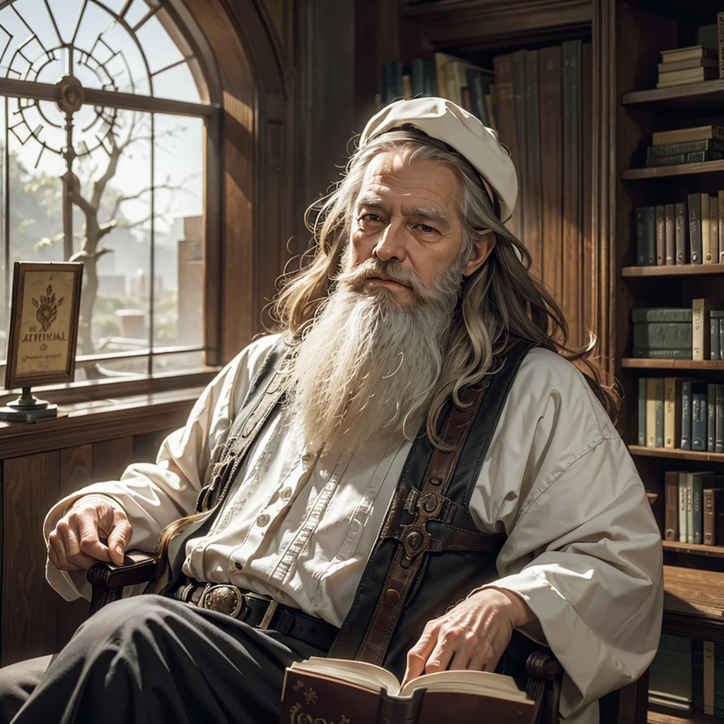 an old white man with a long biblical style beard sitting in a library reading books with lots of books around, Surrealism, clair obscur, cinematic lighting, film grain, uhd, 16K