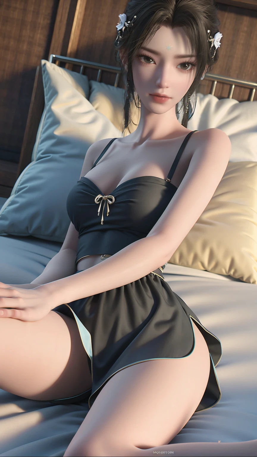 一个女孩Lying in bed,Dressed in suspender pajamas,Face up,Raise your legs slightly,Front view super detailed beautiful big breasted girl . Ultra HD, 4K, 8K, Movie,whole body,Lying down,Long legs,Very big breasts,whole body捕捉,(((Lying in bed))),(((whole bodyLying in bed))),big bed,Off-shoulder,Shoulder-length skirt,Lying in bed,Sleeping on the pillow,Lying down,Headrest pillows,(((平Lying in bed))),whole body平Lying in bed
