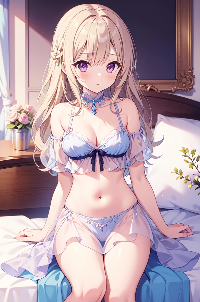 (masterpiece)、(Highest quality)、(Super Detail)、(Best Anatomy)、Light Hair,Princess of Color , See-through dress, Small breasts, Cleavage, Off the shoulder, Underbust, Thighs, Belly button, On the bed