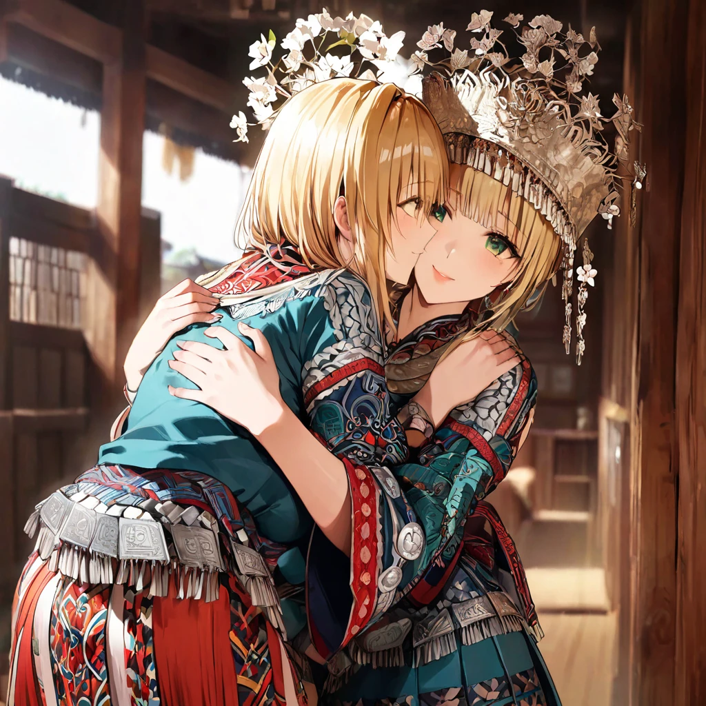 ((Highest quality)), ((masterpiece)), (detailed), (Perfect Face)、The woman is a Tier, with green eyes, medium blonde hair, ethnic medicine and a gorgeous hat.、Smiling with a gentle smile、A woman is hugging and kissing an old man dressed in national costume、The whole body is in the frame