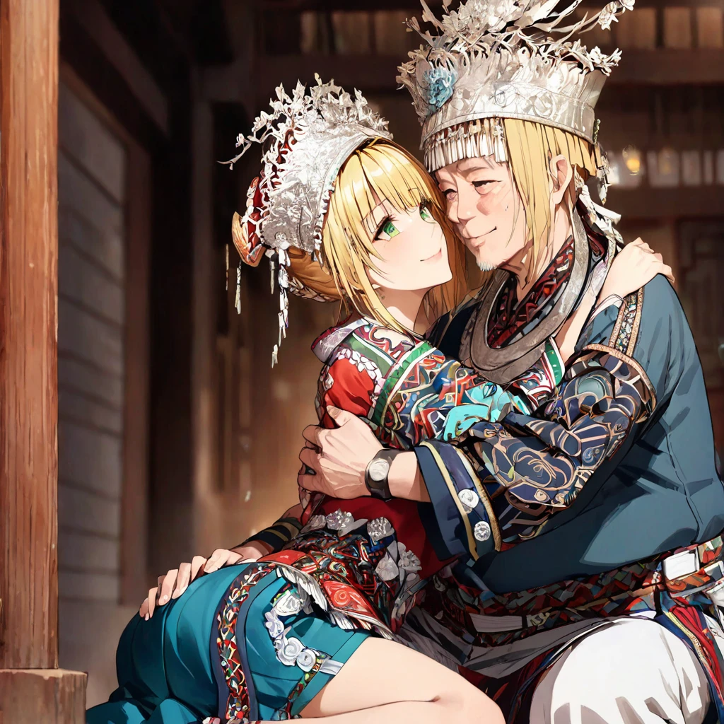 ((Highest quality)), ((masterpiece)), (detailed), （Perfect Face）、The woman is a Tier, with green eyes, medium blonde hair, ethnic medicine and a gorgeous hat.、Smiling with a gentle smile、A woman is hugging and kissing an old man dressed in national costume、The whole body is in the frame