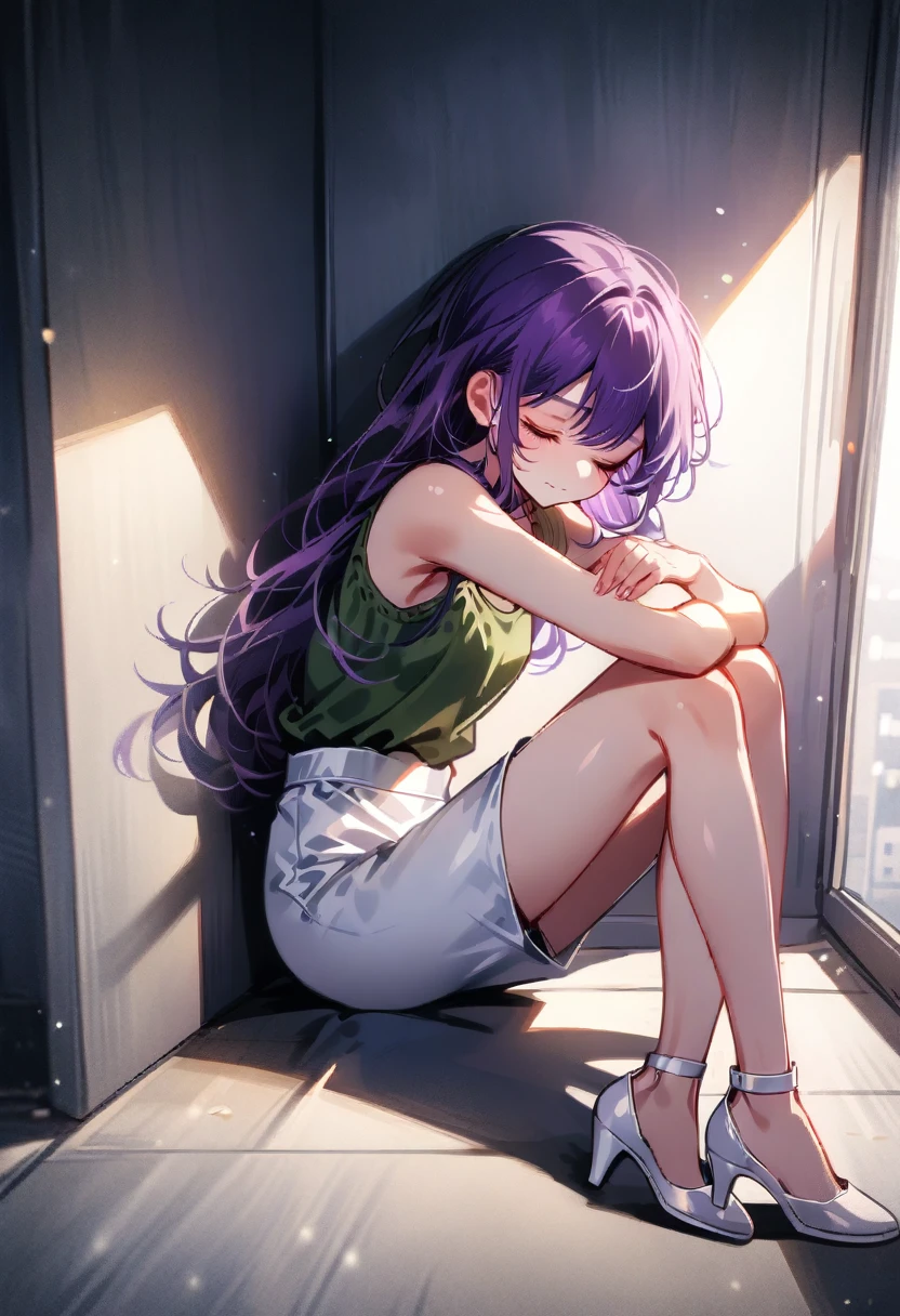 realistic anime illustration, (1girl, solo, full body), (realistic detailed eyes, natural skin texture, realistic face details), soft dramatic lighting, depth of field, bokeh, vibrant details, finely detailed, BREAK, (ai hoshino, purple long hair, bangs, silver hair), (wearing dark olive-green tanktop, white pencil skirt, white heels), sitting, sleeping, leaning against apartment room 's wall, (closed eyes),
BREAK, (dark olive-green top, white pencil skirt, white heels)