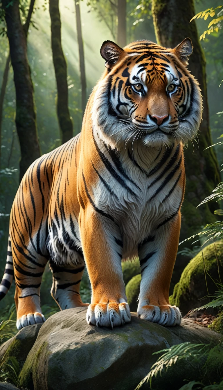 Panoramic side view，A wild beast crouched on a rock in the forest，The body of a tiger，The tail of the cow（best quality，4K，8K，High level，masterpiece：1.2），Ultra Detailed，（lifelike，Photo real，Photo real：1.37），Highly detailed animals，Complex patterns，Realistic lighting，Fantasy Creatures