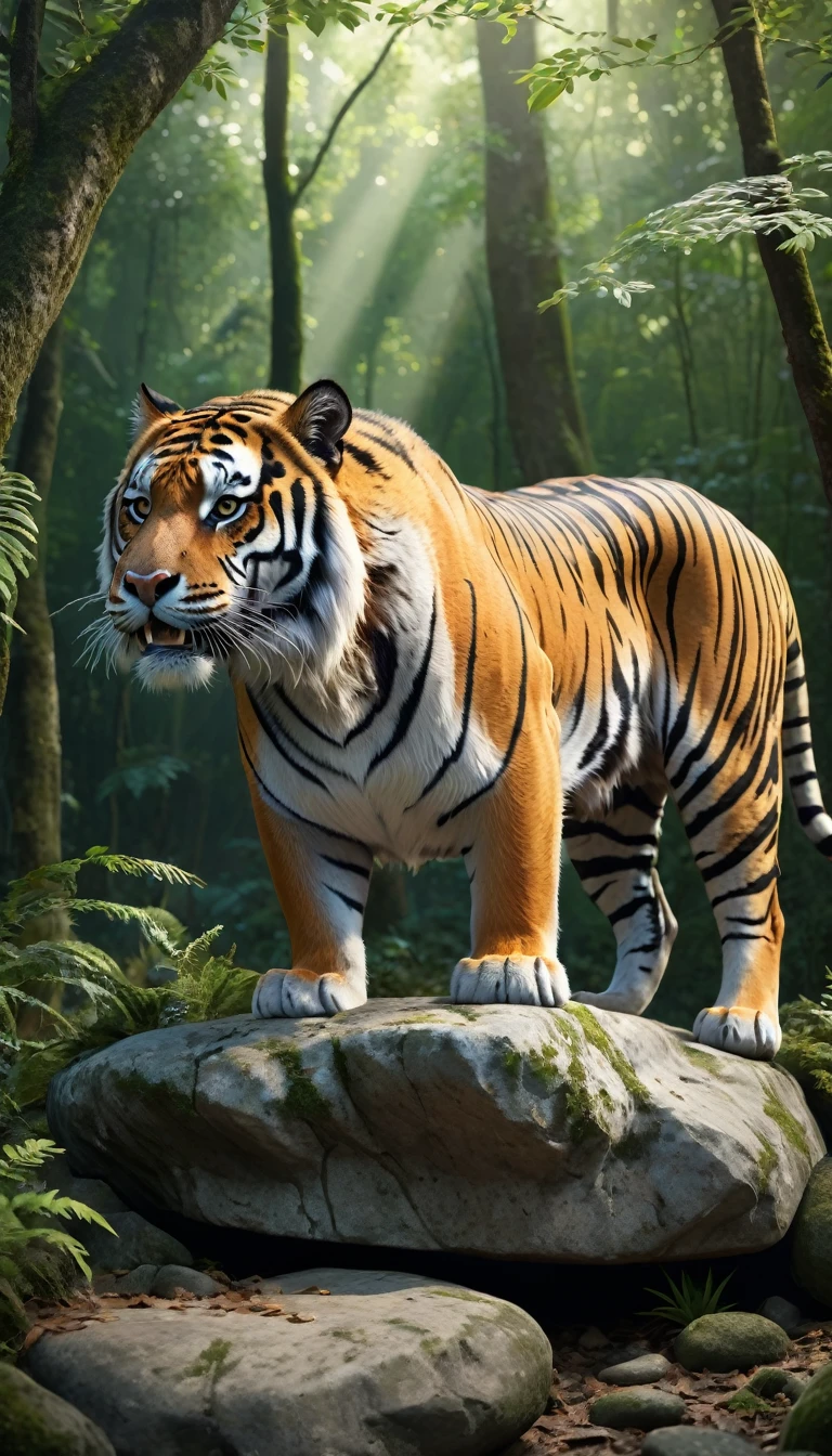 Panoramic side view,A wild beast crouched on a rock in the forest,The body of a tiger,The tail of the cow(best quality,4K,8K,High level,masterpiece:1.2),Ultra Detailed,(lifelike,Photo real,Photo real:1.37),Highly detailed animals,Complex patterns,Realistic lighting,Fantasy Creatures