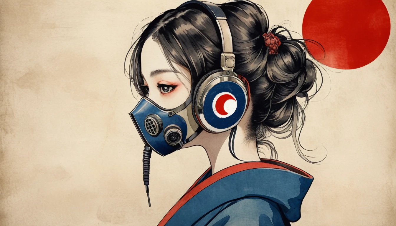 (((gas mask))), Tattoo on face, Highest quality, Katsushika Hokusai, Ink Painting, beautiful girl, Japanese style headphones, Delicate and precise, Modern ukiyo-e style, long hair, Japanese flag