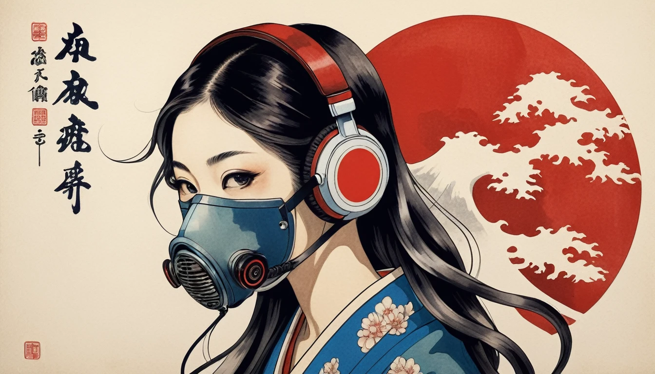 (((gas mask))), Tattoo on face, Highest quality, Katsushika Hokusai, Ink Painting, beautiful girl, Japanese style headphones, Delicate and precise, Modern ukiyo-e style, long hair, Japanese flag