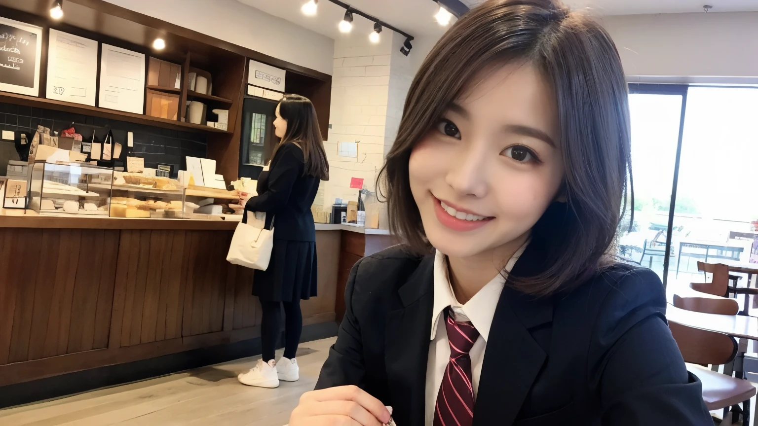 オープンカフェ店内で立つ1人のpretty girl,Red Tie Uniform,Dark Blue Blazer,Blue checked super super super mini skirt,18-year-old,Short brown hair with side waves,The best smile,私 can see your beautiful thighs,knees,Random Pause，pretty girl，Slender girl，my skin is beautiful，Wear cute sneakers，Natural Makeup，Background of the café