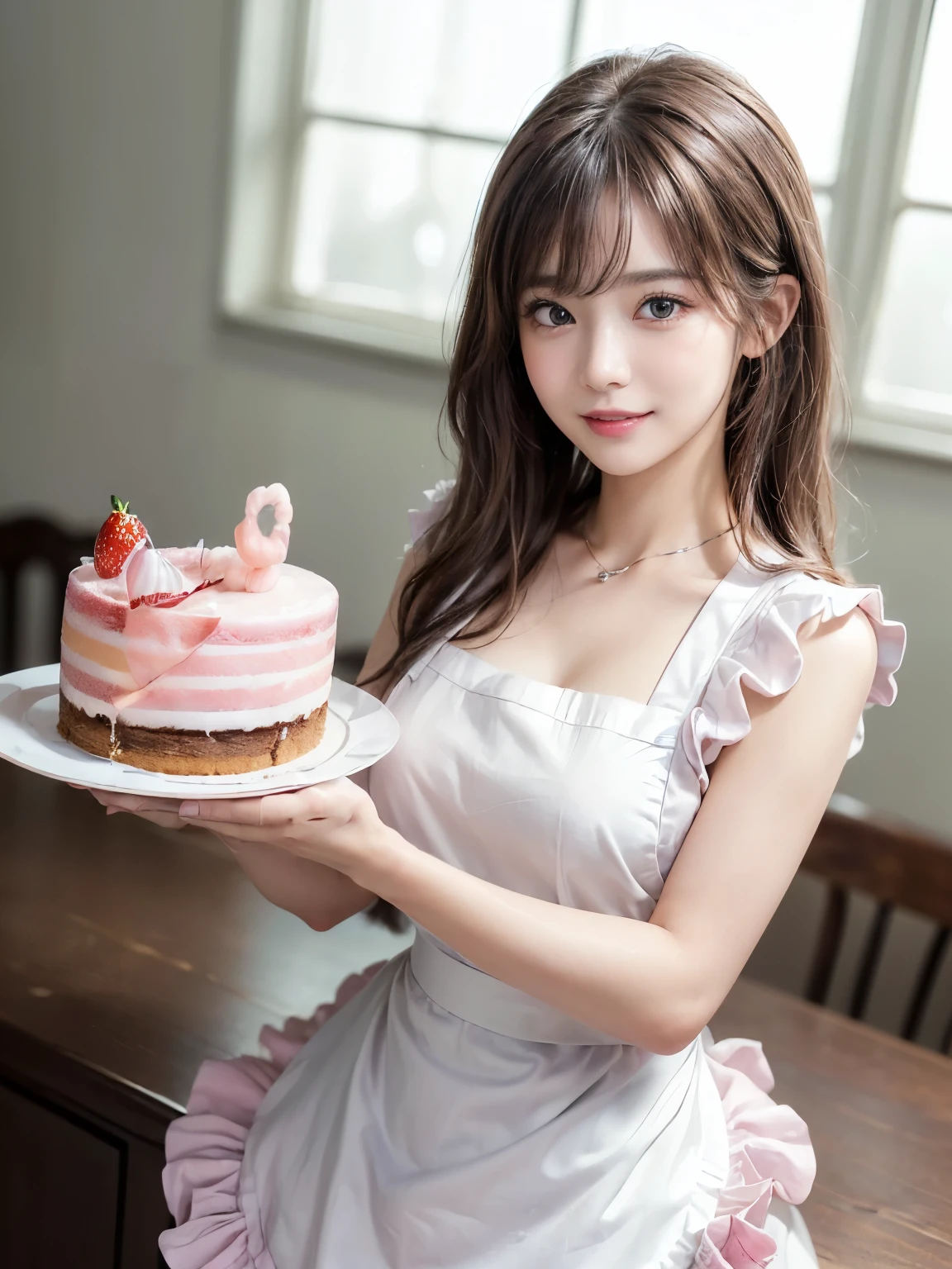 ((masterpiece: 1.3),8K, Realistic, RAW Photos, Highest quality: 1.4), (One Girl), beautiful顔, (Realistic Face), (Brown long hair: 1.3), bangs, Anatomically correct fingers、Anatomically correct hand、(Cafe、ピンク色のCafe)、((((Pink ruffled apron、cake、Cotton candy))、Perfect dynamic composition,(High quality with attention to detail, Realistic depiction of eyes:1.3)、whole body、The whole is facing forward、21talent、beauty、Well-formed face、Bandidium Build、Balanced ratio、beautiful足、Fresh face、beautiful景色、beautifulヘアスタイル, (bangs), (smile), smile, Realistic eyes, Gloss, highlight, highlight in the Eyes, eyelash, 目の中のbeautifulディテール, (Realistic Skin), Shooting from the air、beautiful肌, Transparency、(beautiful)、 bust, smile, teeth, Confused, charm, 超High resolution, Ultra-realistic, High resolution, Golden Ratio, Clear eyes, Wet, Mole, Looking into the camera, ear, Shine, Long neck, double eyelid, Big eyes, cheek, kind character, charm personality, kind, Move, 圧倒的なcharm, bright personality