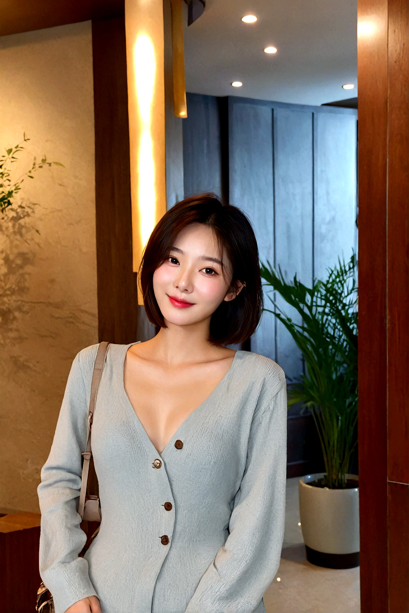 beautiful korean girl , 32 inch chest size, Your eyes are big and pretty. standing in the hotel lobby . short medium hair, laugh, uhd