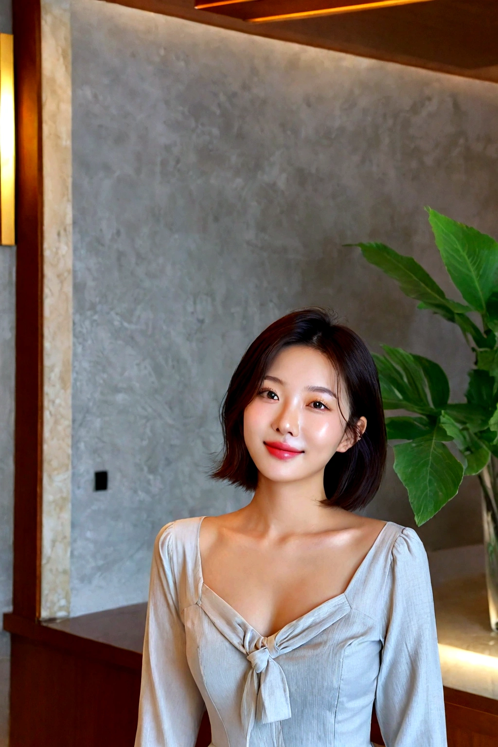 beautiful korean girl , 32 inch chest size, Your eyes are big and pretty. standing in the hotel lobby . short medium hair, laugh, uhd
