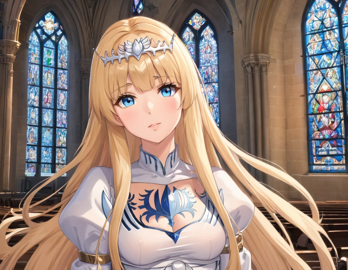 1girl,solo, calca, blonde hair, ,( extremely long hair:1.3), very long hair, extra long hair, white tiara, white dress, blue eyes,Calca Bessarez, medium breast,Calca, indoor, church, cathedral, stained glass, close up, upper body