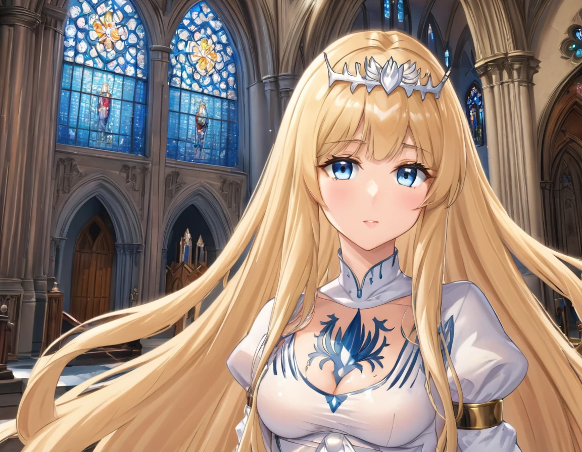 1girl,solo, calca, blonde hair, ,( extremely long hair:1.3), very long hair, extra long hair, white tiara, white dress, blue eyes,Calca Bessarez, medium breast,Calca, indoor, church, cathedral, stained glass, close up, upper body