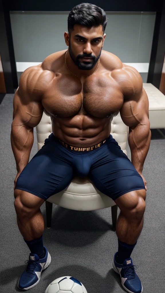 Huge hot indian navy man Muscled hunk, with muscled bouncer huge wide chest, muscles hairy arms, biceps, triceps, abs, wrist, fingures, navy uniform, with big huge bouncer hairy muscled legs, thighs, calfs, huge bulge, hot bulge, navy socks, formal brown shoes, realistic, high-quality, oiled body, erotic, seducing, prime lens cinematic, professional, full body portrait, detailed face, iconic, photorealistic, cleavage, symmetric face, masterpiece, 8k, ultra realistic, at ship, full body view, from above, with football soccer shoes