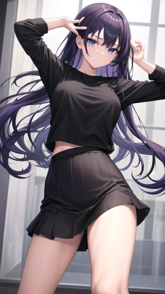 High tail hairstyle, two Ponytail hairstyle, Ponytail hairstyle, Long wavy black hair, standing posing, anime girl style, pixel art anime style,penetrating look with deep eyes,red and purple eyes, hair with a ponytail hairstyle trapped with a big red bun, women, red hair clips, x color shaped hair clips , smiling face blush, next to his bed, Skirt, tank top, Black hair, big thighs, NSFW, Skirt fluttering in the wind, perfect panty, from above, viento levantando su Skirt haciendo que se le vea el panty, hands in fist , Skirt fluttering in the wind, Skirt levantada, 