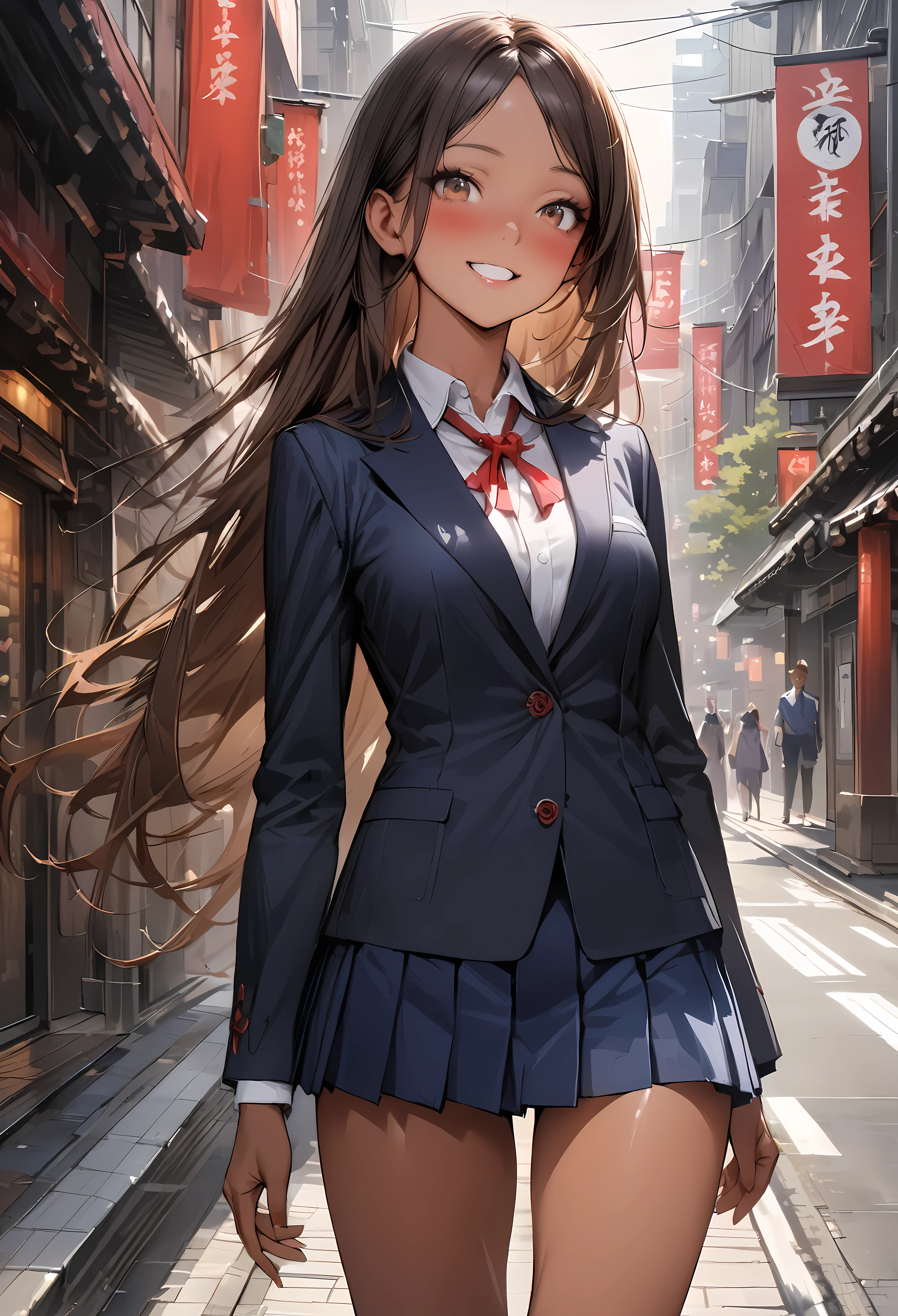 ((masterpiece,Highest quality:1.3,best quality illustration,realistic)),cowboy shot,solo,1woman,(18-year-old、Japanese Beauty)、brown hair,long hair,center parted bangs,brown eyes,gorgeous eyes,((very small head:1.3)),blush,smile,((very long body:1.2,skinny)),medium breasts,(tan skin:1.4), (gleaming skin,toned body,slender body),(Japanese 、Dark blue blazer jacket、Ribbon tie、Navy blue pleated mini skirt)、barefoot、on street,Tokyo、