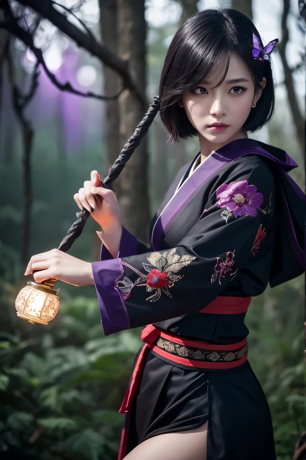 8K,Women in traditional Japanese costumes fighting,(Dark Shot:1.4), 80mm, (Dark Shot:1.4), 80mm, A magnificent reality, Big eyes,Black short bob hair,Black and purple butterfly hair ornament,Black kimono and red obi,Black and purple butterfly pattern(Intricate butterfly embroidery),Purple eyes(Purple Effect),mat, art,Horror movie lights, Photo Lab, High resolution, 複雑で非常にdetailed, (Depth of written border:1.4), (Dark Shot:1.22), (artステーション:1.2), 超detailedな, dramatic, Intricate details, (Technicolor:0.9), (Rutkowski:0.8), Like a horror movie, detailed, Soft Light, sharp, Exposure Blending, Medium Shot, (Noir:0.4), horror light,sharp, Exposure Blending、Medium Shot,Photorealistic RAW photos of the highest quality。Backlight, Cinema Lighting, Film Grain, to be born, 50mm lens, Nikon D850,Realistic Skin,ファンタジーart,キャラクターart,超High resolution,Muscular and slim body,in the forest,super Realistic Skin,Late Night,Underworld demon makeup,Demon Makeup,Battle Scenes,Action Scenes,Action pose,激しいAction pose,fierce fighting,Holding a dagger,Acrobatic pose,Fighting Style,flower,