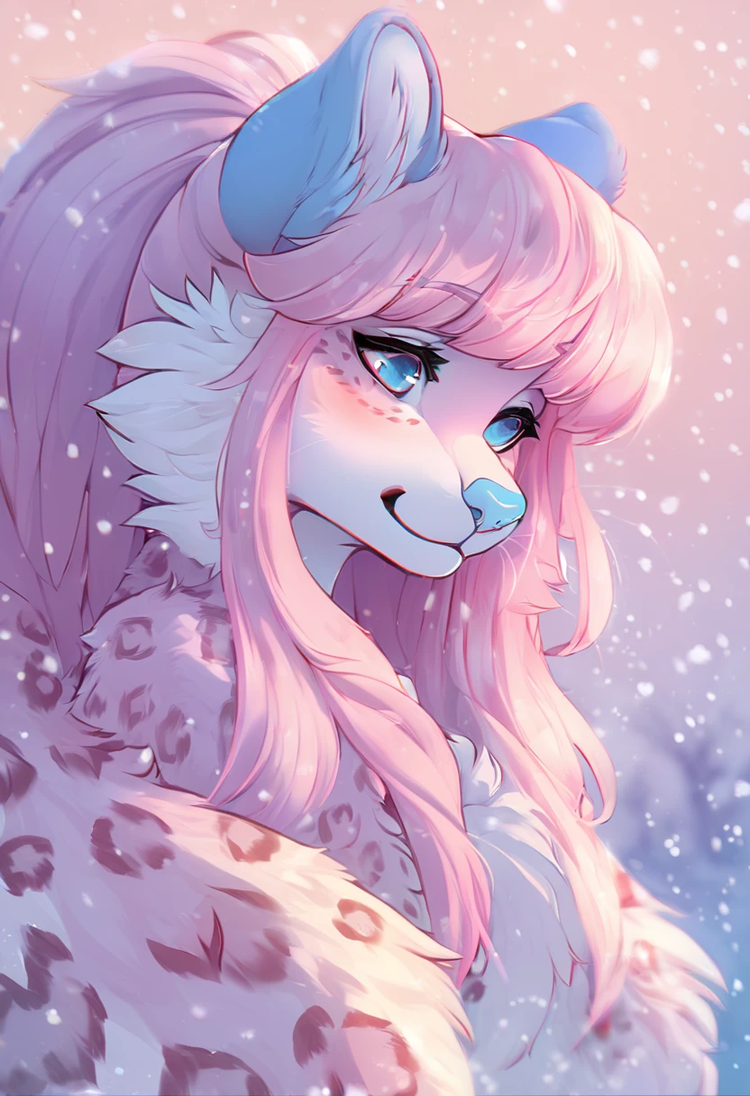 feline, mammal, anthro, anthromorphic, snow, leopard, fur, furred_anthro, female, female, bangs, ear_tufts, blue_nose, paws, hair_tuft, hair_between_eyes, long_tail, fluffy, feline_ears, expressive_eyes, pink_hair, light looking_at_viewer, pink_fur, shy, small_pupils, spotted_pattern, digital_art, high_resolution, high_res, pastel_background