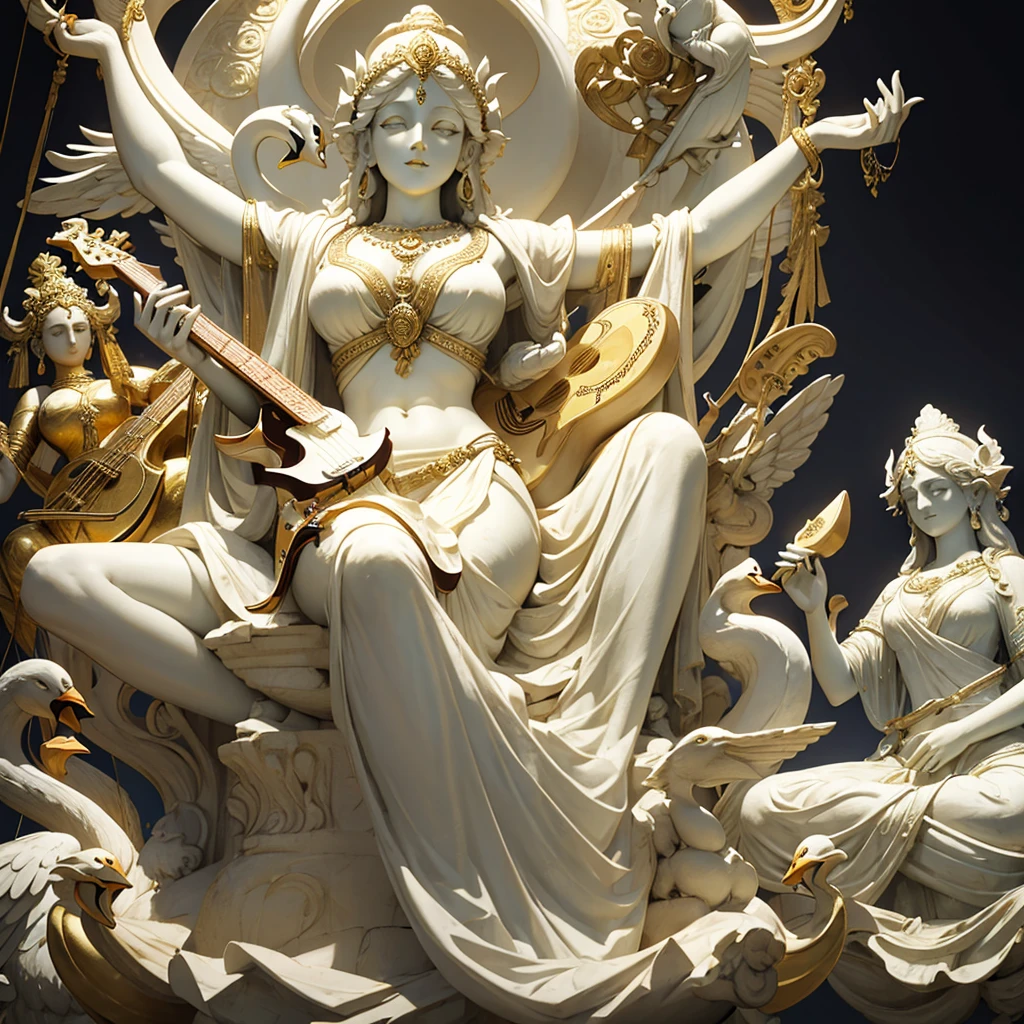 front view of a dramatic renaissance style white marble statue of goddess Saraswati with 4 arms fully covered in a saree and wearing golden ornaments sitting on her swan and holding an electric guitar