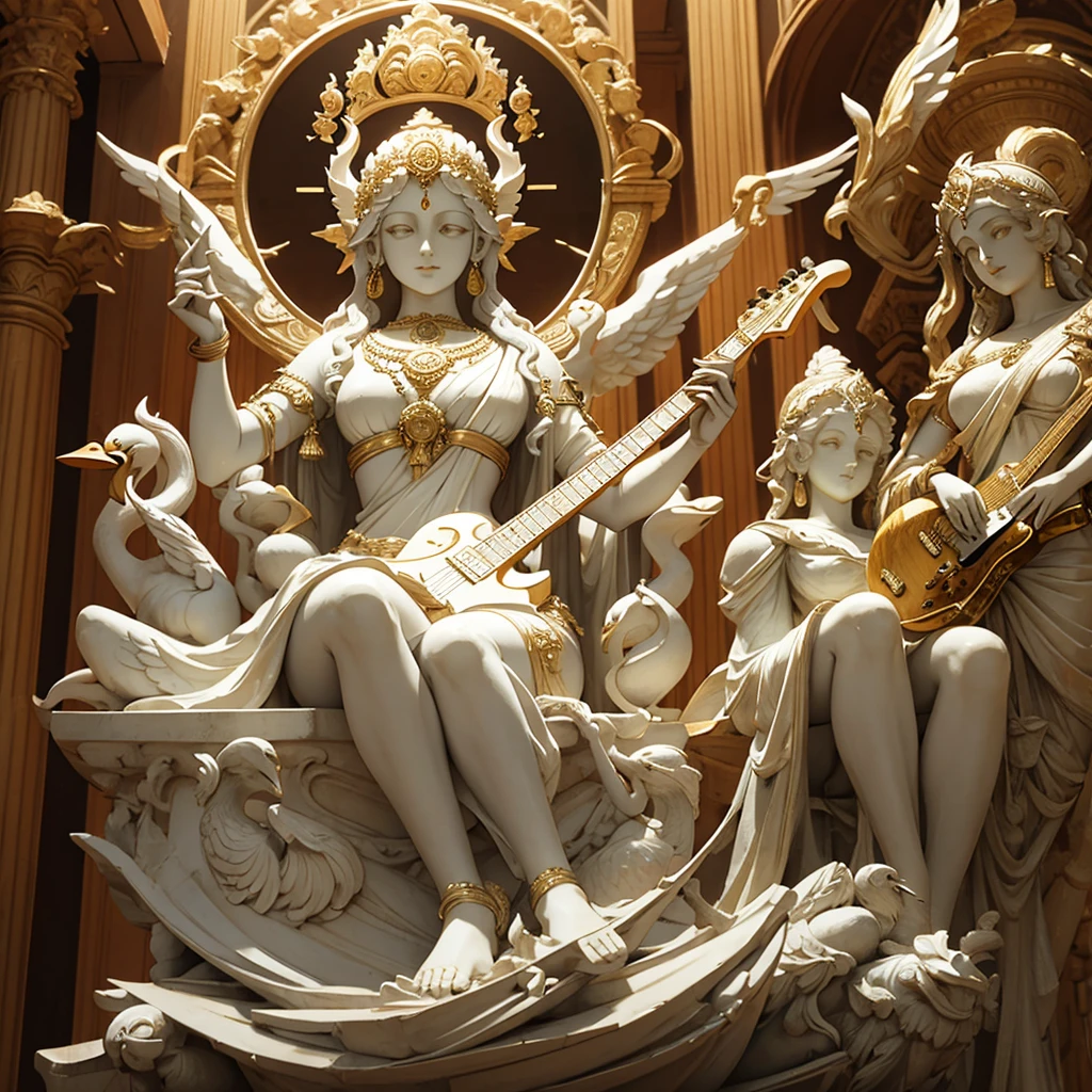 front view of a dramatic renaissance style white marble statue of goddess Saraswati with 4 arms fully covered in a saree and wearing golden ornaments sitting on her swan and holding an electric guitar