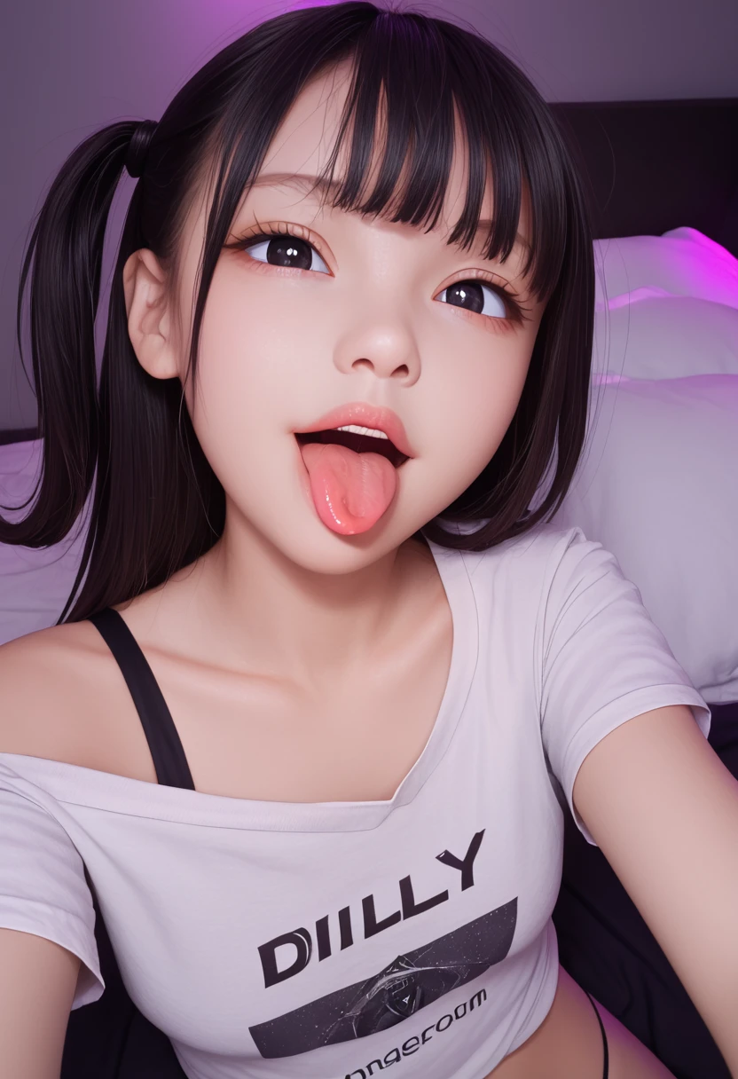 striking colors t-shirt,off-shoulder look,bare shoulder,ollarbone,midriff peek,string panties,(open mouth:1.5),(tongue out:2),lying,Selfie,(overhead shot:1),front view,upper body,(1girl,Beautiful  girl),((Slender,Small breasts,Small face,)),(looking at viewer),Black Hair,bangs,one side up,Beautiful and detailed,(Dimly lit room:1.5),Simple Background,White bed,pillow,Mischievous smile
