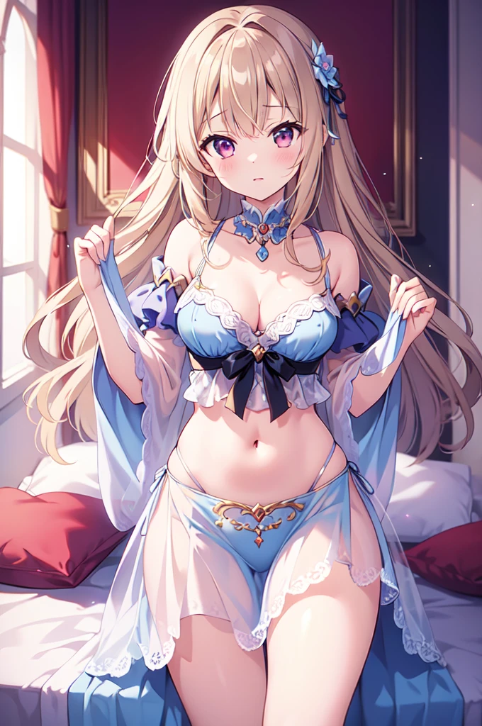 (masterpiece)、(Highest quality)、(Super Detail)、(Best Anatomy)、Light Hair,Princess of Color , See-through dress, Small breasts, Cleavage, Off the shoulder, Underbust, Thighs, Belly button,　On the bed