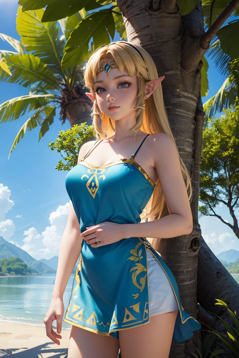a beautiful woman, princess zelda, wearing a colorful swimsuit, large breasts, long blonde hair, blue eyes, delicate facial features, graceful posing, standing in a lush tropical garden, sunlight shining on her, vibrant colors, intricate details, photorealistic, highly detailed, 8k, (best quality,4k,8k,highres,masterpiece:1.2),ultra-detailed,(realistic,photorealistic,photo-realistic:1.37),HDR,UHD,studio lighting,ultra-fine painting,sharp focus,physically-based rendering,extreme detail description,professional,vivid colors,bokeh,fantasy,elegant,serene