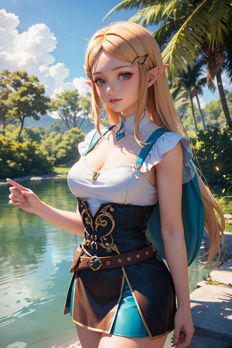 masterpiece, best quality, (Very detailed CG Unity 8k wallpaper) (best quality), 3DMM, Princess Zelda,cowboy_shot,looking_at_the viewer,(Best shadow) Vibrant colors, jungle, water, Natural Beauty, An oasis of tranquility , Cherry tree, Blue Sky Ray Tracing, Super detailed
