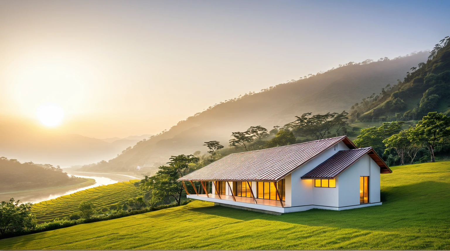 ((Vietnamese highland scenery)), Modern, rural house, (located on the hillside), ((looking down to the river in the valley)), large lawn, (White walls), ((flat tile roof)), large glass windows, porch, railing, ((dawn sun, fog)), Warm light, overwhelming feeling, (8k, RAW photo, best quality, masterpiece:1.2), (realistic, photo-realistic:1.37), ultra-detailed, ultra-high res,