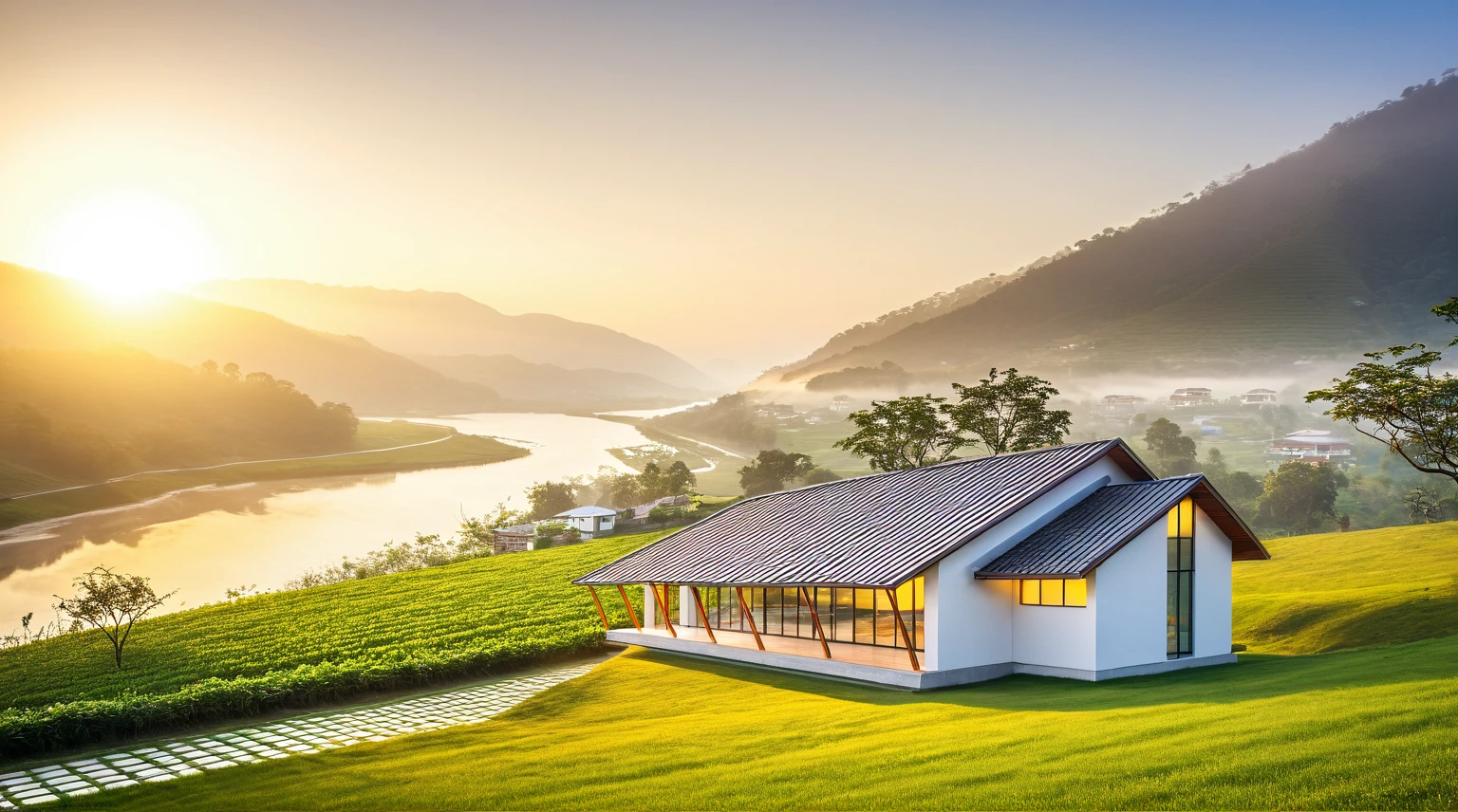 ((Vietnamese highland scenery)), Modern, rural house, (located on the hillside), ((looking down to the river in the valley)), large lawn, (White walls), ((flat tile roof)), large glass windows, porch, railing, ((dawn sun, fog)), Warm light, overwhelming feeling, (8k, RAW photo, best quality, masterpiece:1.2), (realistic, photo-realistic:1.37), ultra-detailed, ultra-high res,