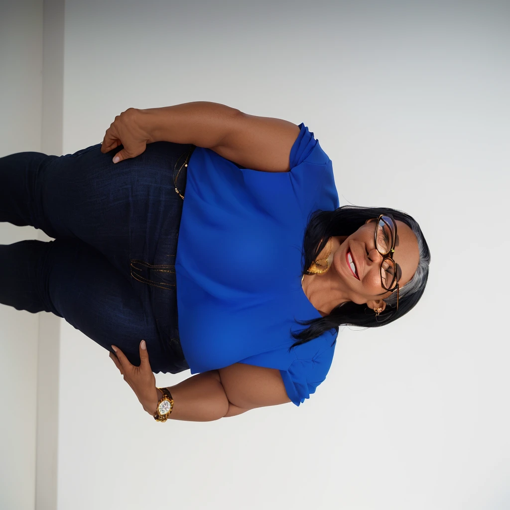 Create a 3D avatar of a 58-year-old cheerful and happy woman. She has medium-length black hair with a few gray strands, wears glasses, and has a warm and friendly smile. She is dressed in a royal blue blouse and dark jeans, with a gold watch on her wrist. The avatar should capture her joyful and approachable personality