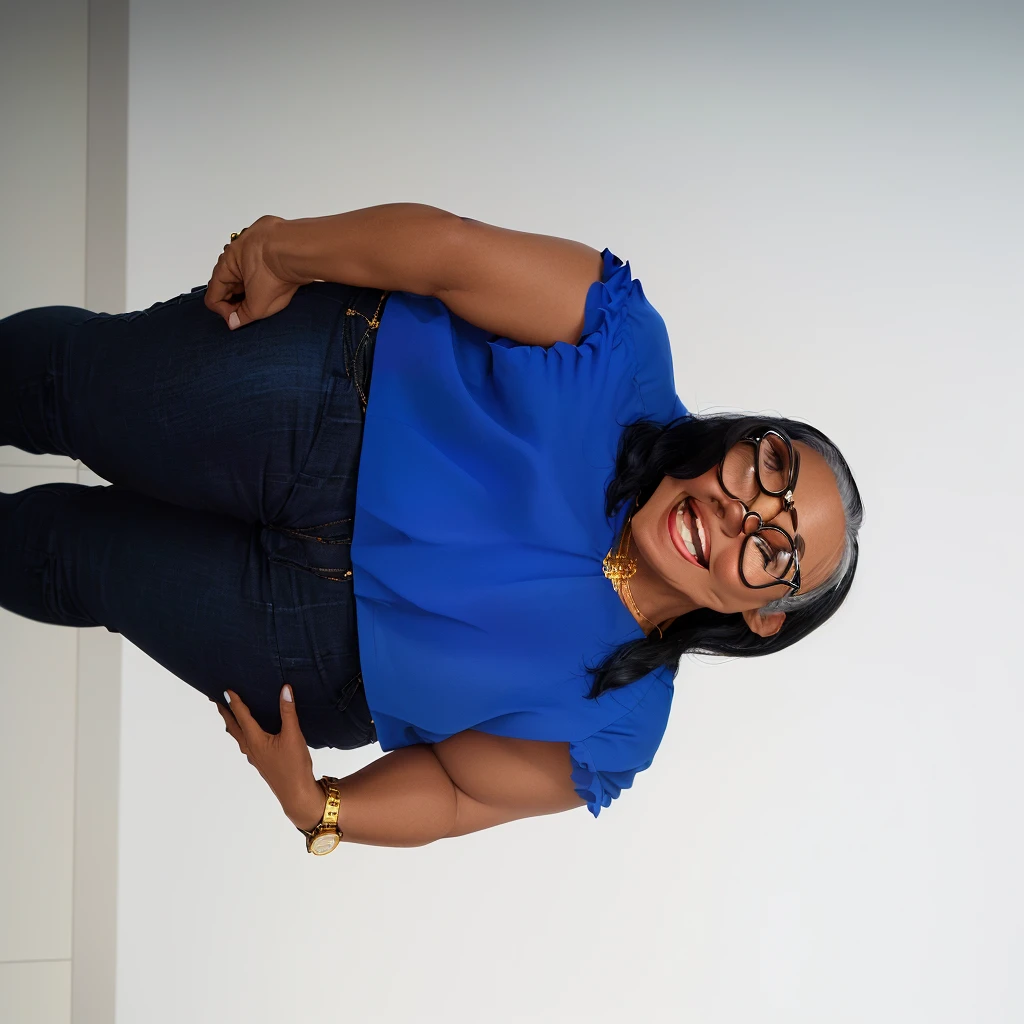Create a 3D avatar of a 58-year-old cheerful and happy woman. She has medium-length black hair with a few gray strands, wears glasses, and has a warm and friendly smile. She is dressed in a royal blue blouse and dark jeans, with a gold watch on her wrist. The avatar should capture her joyful and approachable personality