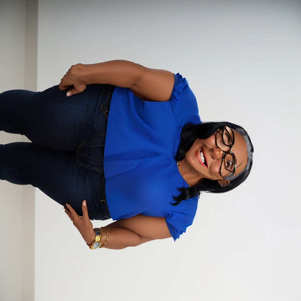 Create a 3D avatar of a 58-year-old cheerful and happy woman. She has medium-length black hair with a few gray strands, wears glasses, and has a warm and friendly smile. She is dressed in a royal blue blouse and dark jeans, with a gold watch on her wrist. The avatar should capture her joyful and approachable personality