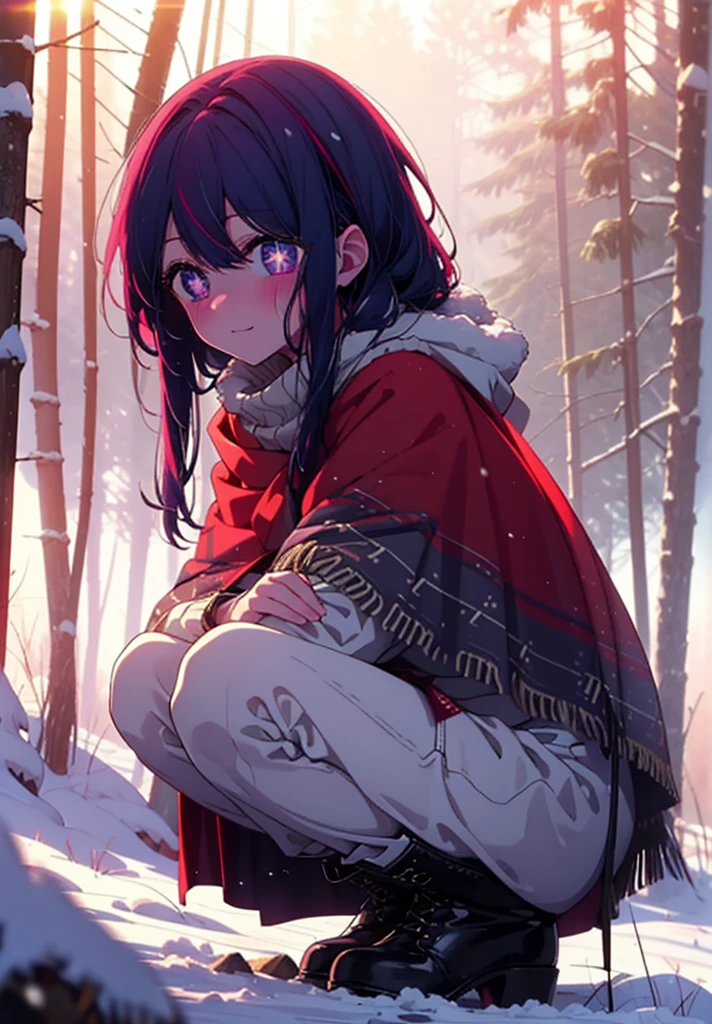 aihoshino, Ai Hoshino, Long Hair, bangs, (Purple eyes:1.1), Purple Hair, (Symbol-shaped pupil:1.5), smile,,smile,blush,White Breath,
Open your mouth,snow,Ground bonfire, Outdoor, boots, snowing, From the side, wood, suitcase, Cape, Blurred, , forest, White handbag, nature, Squat, Mouth closed, Cape, winter, Written boundary depth, Black shoes, red Cape break looking at viewer, Upper Body, whole body, break Outdoor, forest, nature, break (masterpiece:1.2), Highest quality, High resolution, unity 8k wallpaper, (shape:0.8), (Beautiful and beautiful eyes:1.6), Highly detailed face, Perfect lighting, Highly detailed CG, (Perfect hands, Perfect Anatomy),