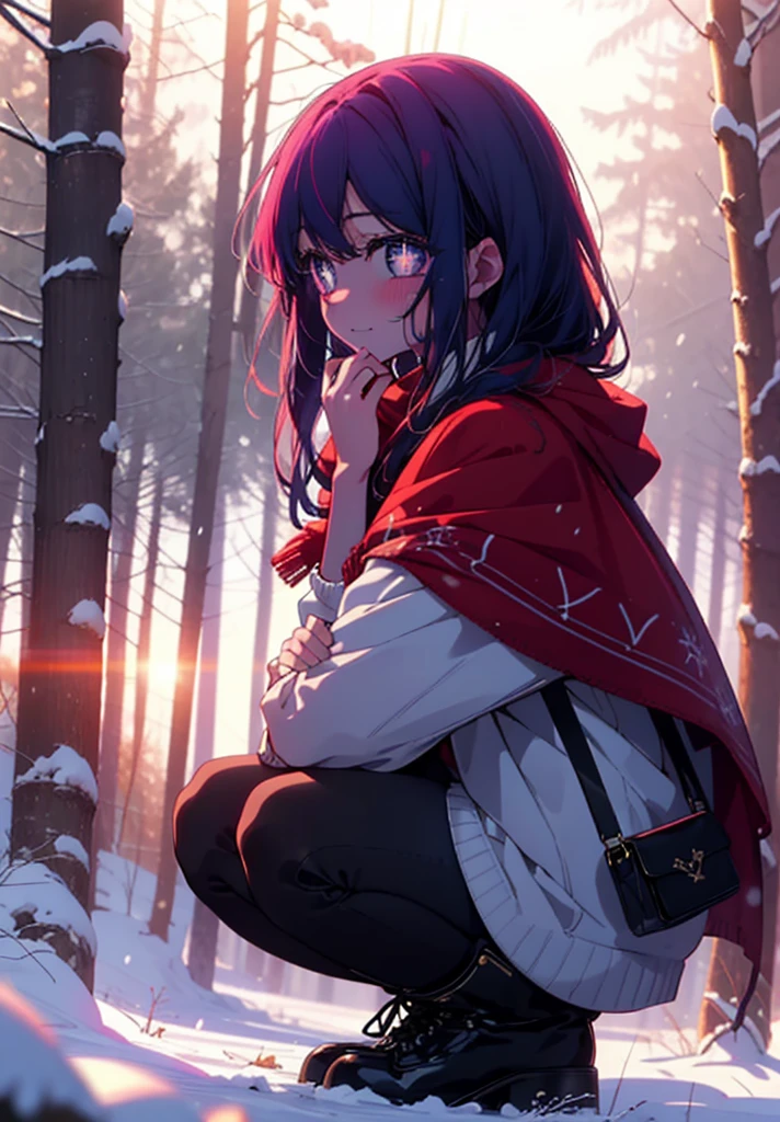 aihoshino, Ai Hoshino, Long Hair, bangs, (Purple eyes:1.1), Purple Hair, (Symbol-shaped pupil:1.5), smile,,smile,blush,White Breath,
Open your mouth,snow,Ground bonfire, Outdoor, boots, snowing, From the side, wood, suitcase, Cape, Blurred, , forest, White handbag, nature,  Squat, Mouth closed, Cape, winter, Written boundary depth, Black shoes, red Cape break looking at viewer, Upper Body, whole body, break Outdoor, forest, nature, break (masterpiece:1.2), Highest quality, High resolution, unity 8k wallpaper, (shape:0.8), (Beautiful and beautiful eyes:1.6), Highly detailed face, Perfect lighting, Highly detailed CG, (Perfect hands, Perfect Anatomy),
