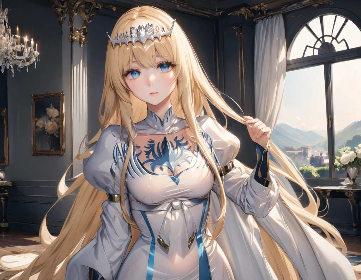 masterpiece,ultra-detailed,best quality,8K,illustration,,clean skin ,shiny hair,girl,ultra-detailed-eyes,simple background, cowboy shot, 1girl,solo, calca, blonde hair, ,( extremely long hair:1.3), very long hair, extra long hair, white tiara, white dress, blue eyes,Calca Bessarez, medium breast,Calca, in the luxurious room, day light