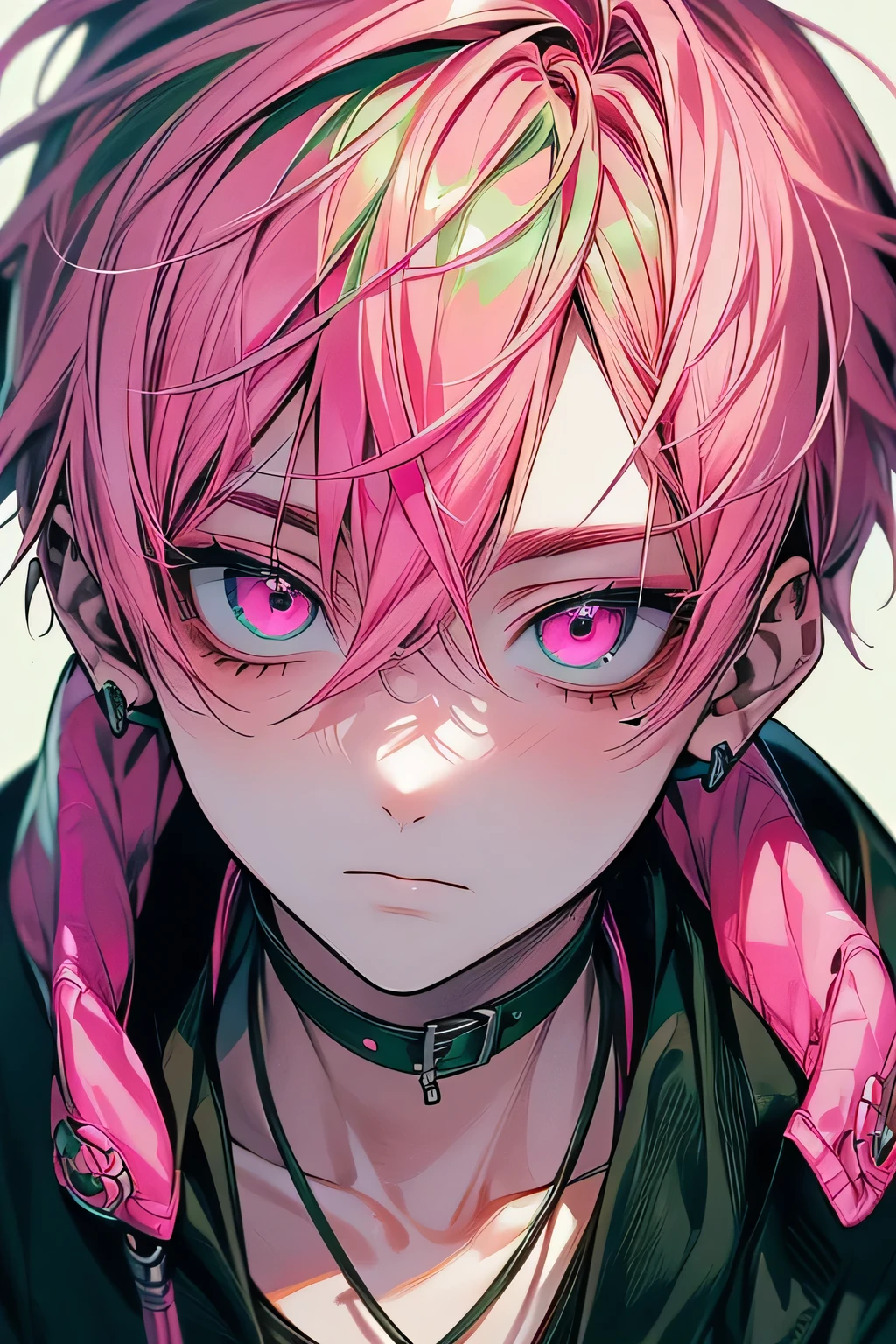 (masutepiece), (Best Quality), Highly detailed, 1 boy, Solo Focus,Perfect face, Beautiful face, extra detailed face,(green and pink hair:1.3),(pink eye:1.3), cool boy, handsome