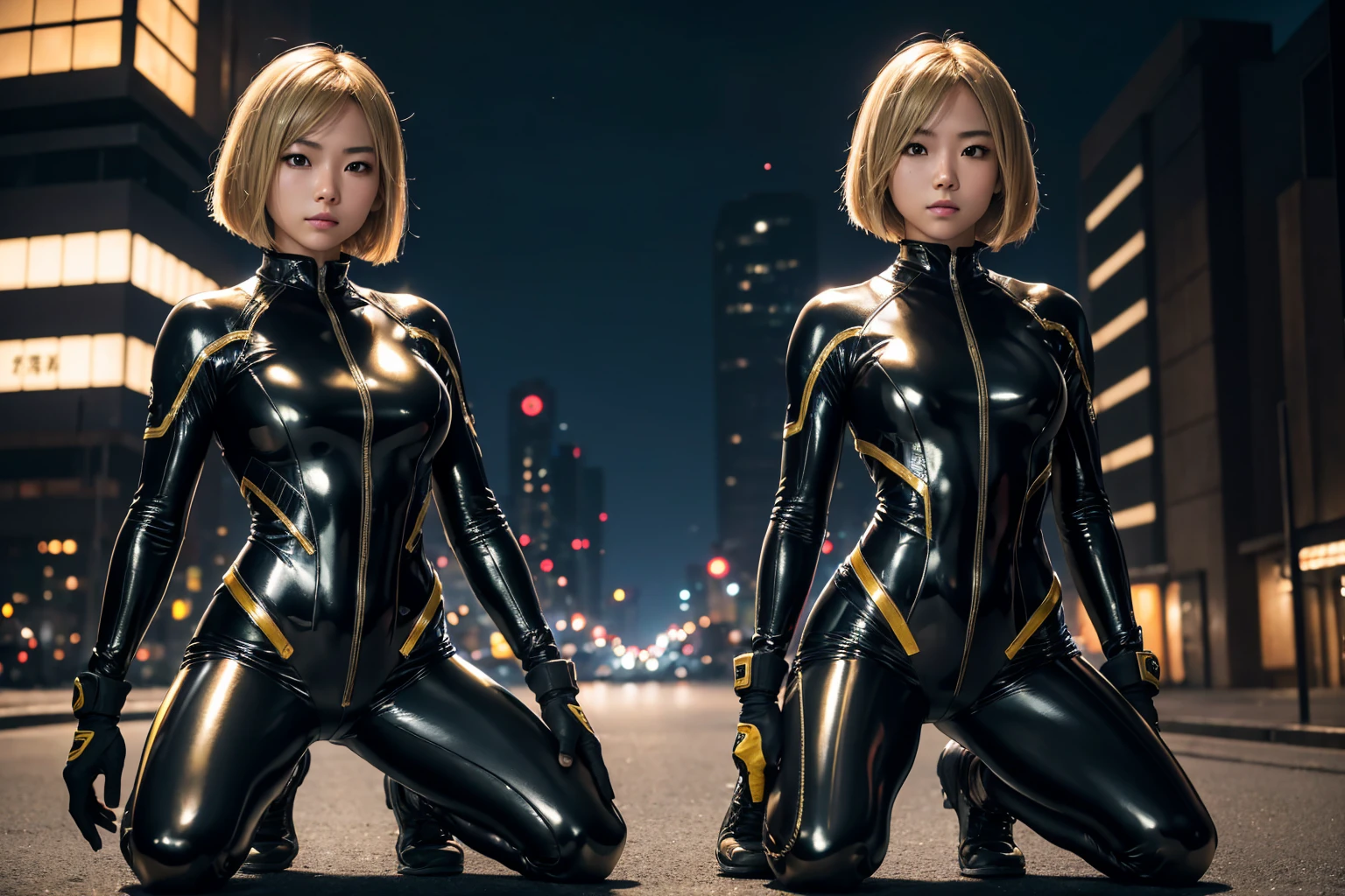 (best quality,4K,8k,high resolution,masterpiece:1.2),Ultra-detailed,(realistic,photorealistic,photo-realistic:1.37), Japanese female fighter with slim physique and small face, cute, 1 girl, 18 years old, Kneeling pose, BLONDE LONG BOB CUT hair, shiny black tight-fitting combat suit with enamel finish, tight suit, gloves, Steel city background, night lighting