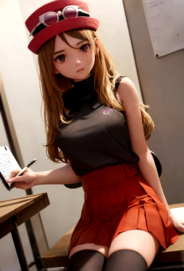 una chica en un salon de clases, sentada, tomando notas en un cuaderno, eyewear on head, hat, skirt, sunglasses, shirt, black shirt, sleeveless, red skirt, pink hat, black thighhighs, white panties, detailed eyes, innocent gaze