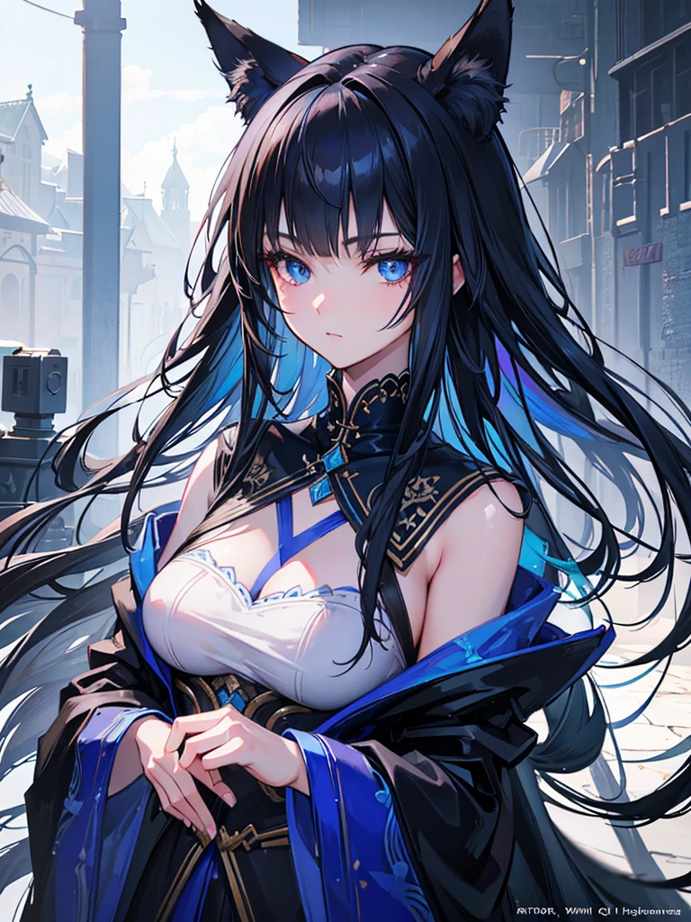 a fox girl,beautiful detailed blue eyes,long black hair with bangs,casual clothing,intricate detailed face,highly detailed,8k,photorealistic,cinematic lighting,digital painting,fantasy,artstation,trending on artstation