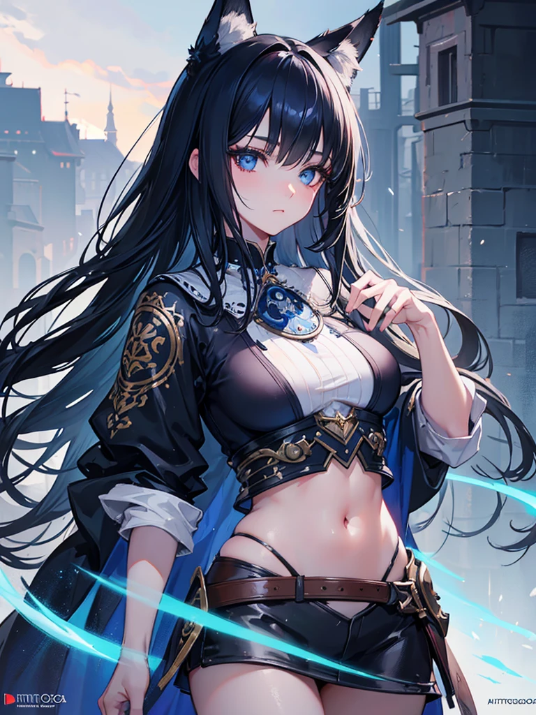 a fox girl,beautiful detailed blue eyes,long black hair with bangs,casual clothing,intricate detailed face,highly detailed,8k,photorealistic,cinematic lighting,digital painting,fantasy,artstation,trending on artstation