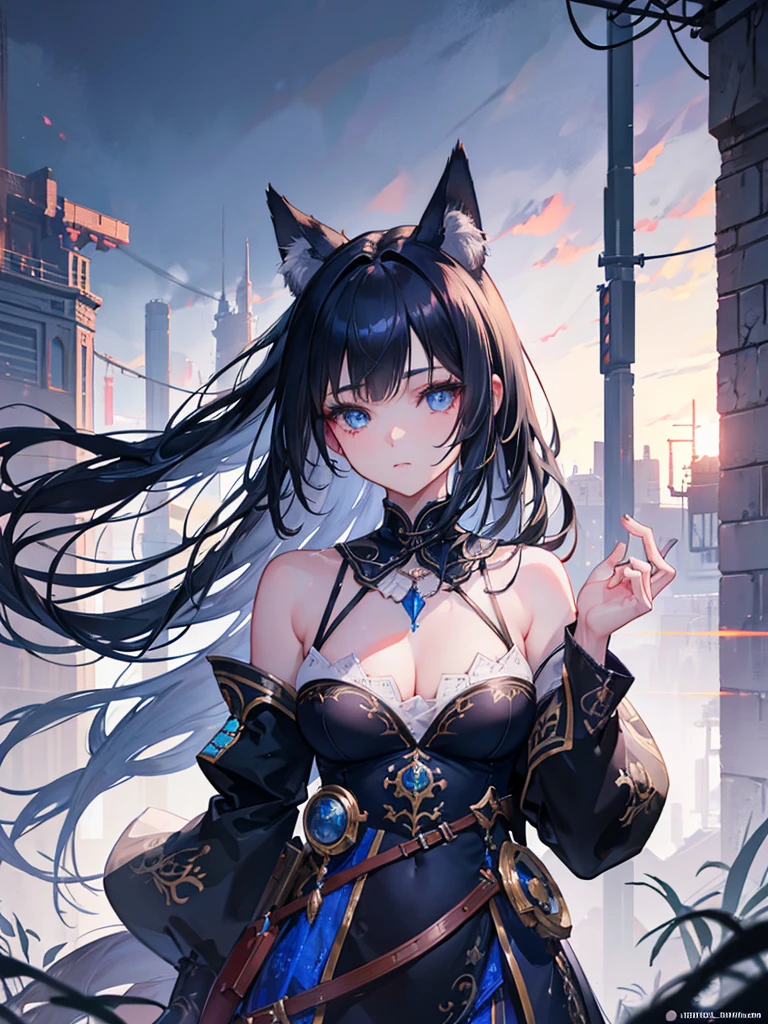 a sexy female with long blue hair, has puppy ears, has a puppy tail, wearing a black corset, wearing a black mini skirt, has a dark blue dog collar on, wearing cute thigh high socks