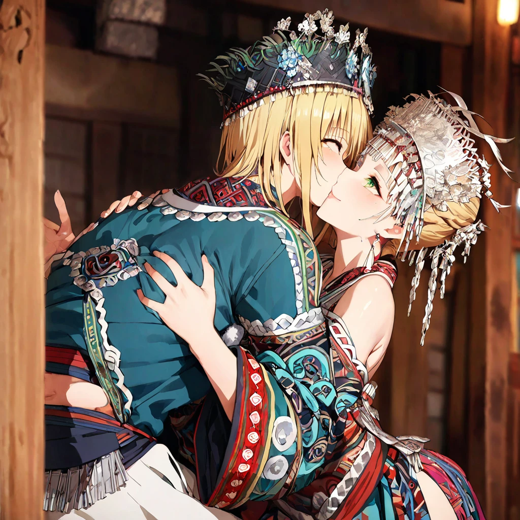 ((Highest quality)), ((masterpiece)), (detailed), (Perfect Face)、The woman is a Tier, with green eyes, medium blonde hair, ethnic medicine and a gorgeous hat.、Smiling with a gentle smile、A woman is embracing an old man dressed in ethnic clothing and they are engaged in a deep kiss、The whole body is in the frame