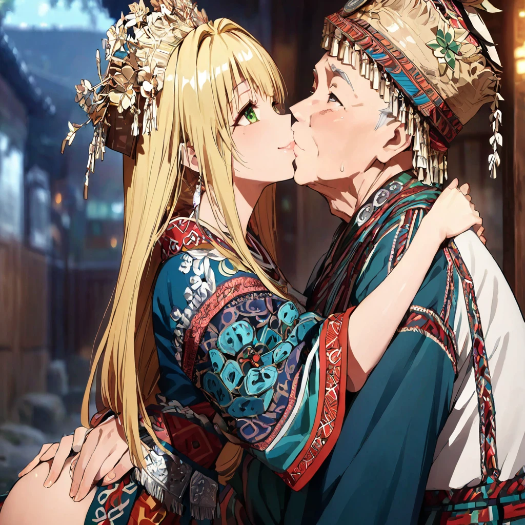 ((Highest quality)), ((masterpiece)), (detailed), （Perfect Face）、The woman is a Tier, with green eyes, medium blonde hair, ethnic medicine and a gorgeous hat.、Smiling with a gentle smile、A woman is embracing an old man dressed in ethnic clothing and they are engaged in a deep kiss、The whole body is in the frame