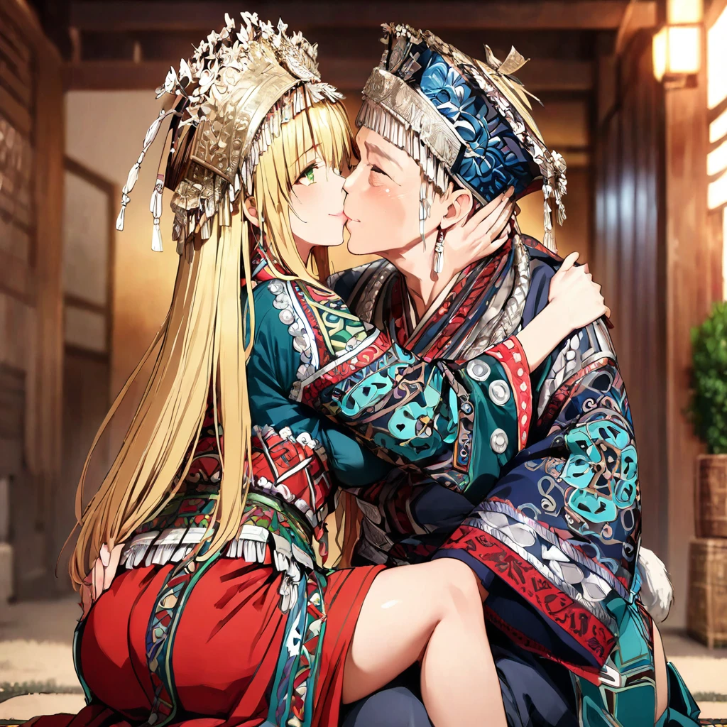 ((Highest quality)), ((masterpiece)), (detailed), (Perfect Face)、The woman is a Tier, with green eyes, medium blonde hair, ethnic medicine and a gorgeous hat.、Smiling with a gentle smile、A woman is embracing an old man dressed in ethnic clothing and they are engaged in a deep kiss、The whole body is in the frame