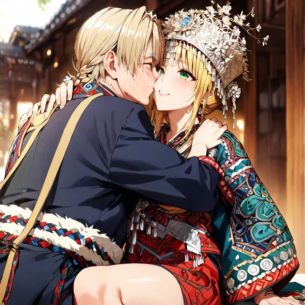 ((Highest quality)), ((masterpiece)), (detailed), (Perfect Face)、The woman is a Tier, with green eyes, medium blonde hair, ethnic medicine and a gorgeous hat.、Smiling with a gentle smile、A woman is embracing an old man dressed in ethnic clothing and they are engaged in a deep kiss、The whole body is in the frame