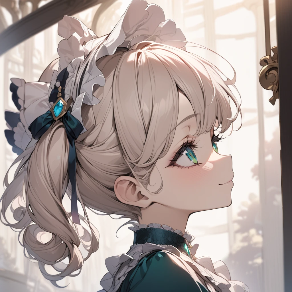 Platinum Blonde hair,curls,(emerald green eyes),long eyelashes,(light pink victorian dress),puffy short sleeves,frilled dress,frilly wide brimmed Bonnet with bows,bustshot,masterpiece,highress,soft smile,bishoujo,peterpan collar,profile,white accents,white trim,white frills,curly side ponytail,short hair,