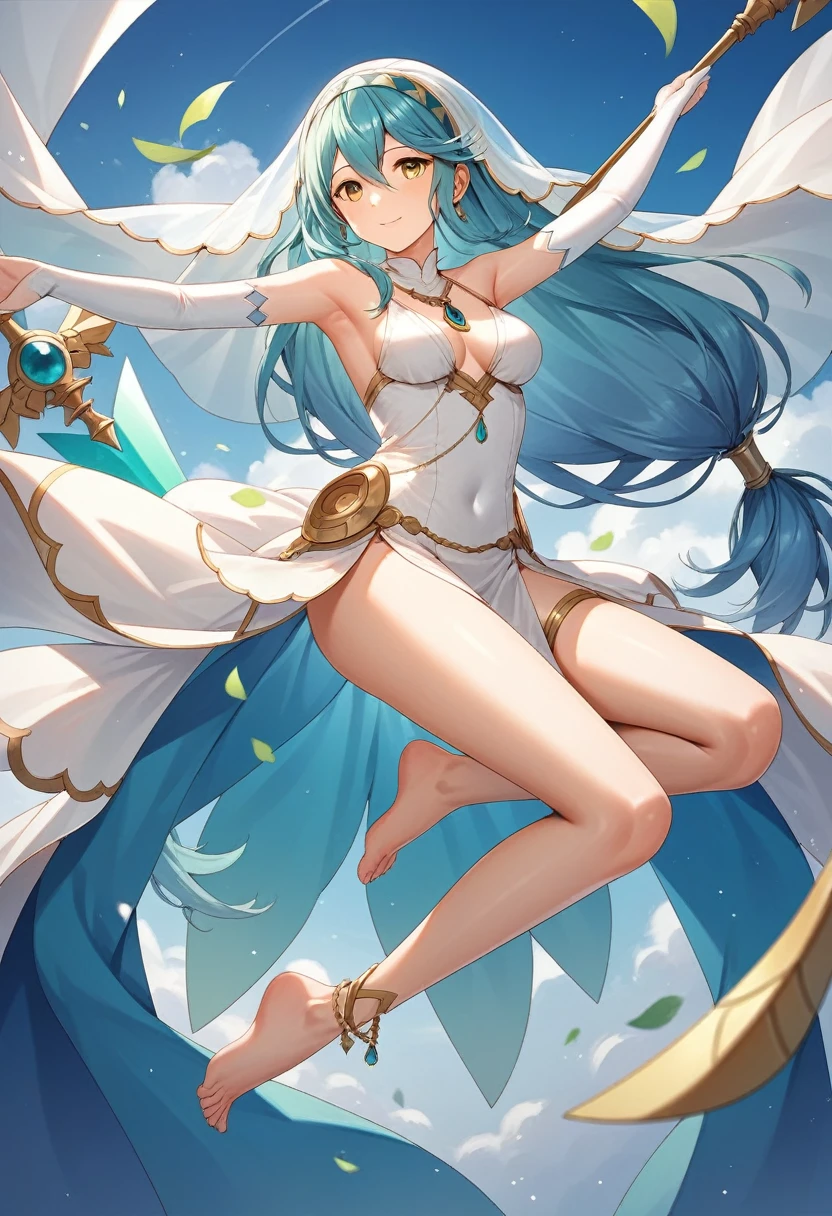 masterpiece, Highest quality, Very detailed, score_9, score_8_upper, score_7_upper, score_6_upper, アニメ, Aqua(Fire emblem), Low-tied_long_hair, light_blue_hair, Yellow Eyes, Asymmetrical legwear, barefoot, Opera Gloves, pendant,White legwear, Single bare leg, White Dress, hair band, Long hair between the eyes, Gold Anklet, Veil, Beautiful Eyes, Perfect Face, Perfect hands, Perfect Fingers, medium breasts, Very beautiful long legs, Thighs, spear, Have a weapon, armpits, light smile